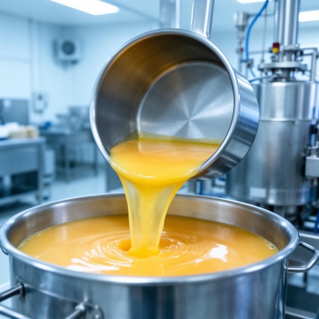 Huevo líquido pasteurizado de grado industrial siendo procesado en instalaciones profesionales
