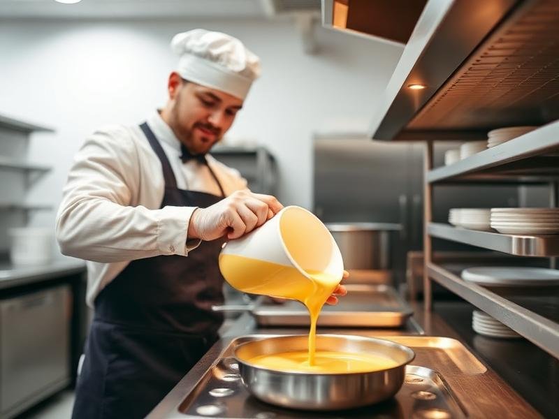 Chef profesional usando huevo líquido pasteurizado en cocina comercial